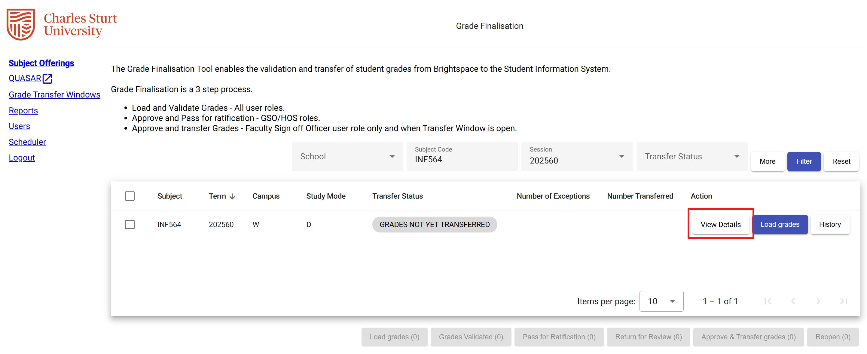 View details button in the Grade Finalisation tool