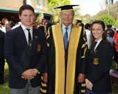 CSU Chancellor Mr Lawrence Willett AO with Condobolin High School captains Mr Jordon Hall and Miss Ebony Davis at the graduation ceremony on Tuesday 13 December 2011. 