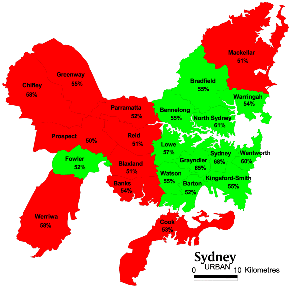 Map of Sydney showing Yes/No voting lines