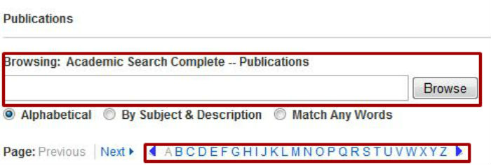 screen sample of the EBSCO website with the search box and alphabetical list highlighted
