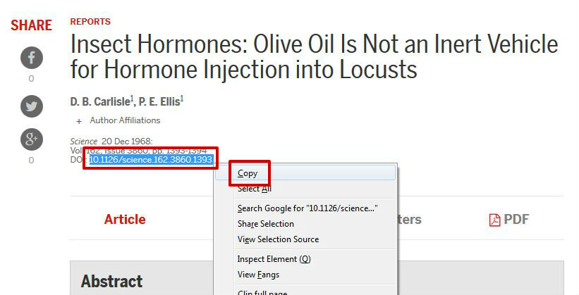 screen sample of the Science website with the 'DOI' highlighted