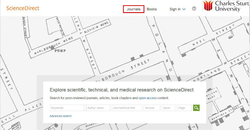 screen sample of the ScienceDirect website with the 'Journals' link highlighted