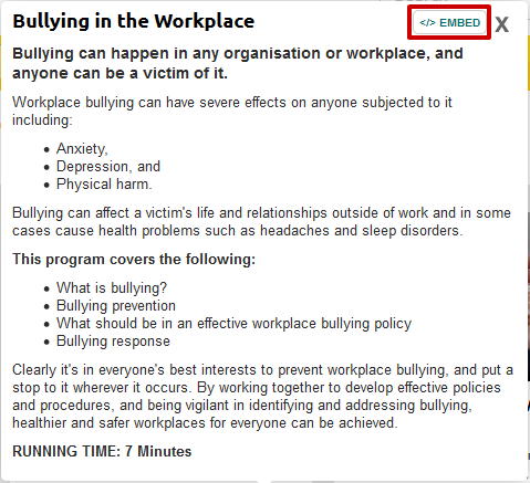 screen sample of the Safety Hub website with the 'embed' button highlighted