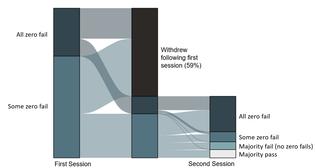 Plot showing flow of students with all or some zero fails in their first session. Most withdraw (59%) and in their second session, for those that continue, around 60% get all zero fails and the rest are split between some zero fails, majority fails (with no zero fails), or a majority pass).]