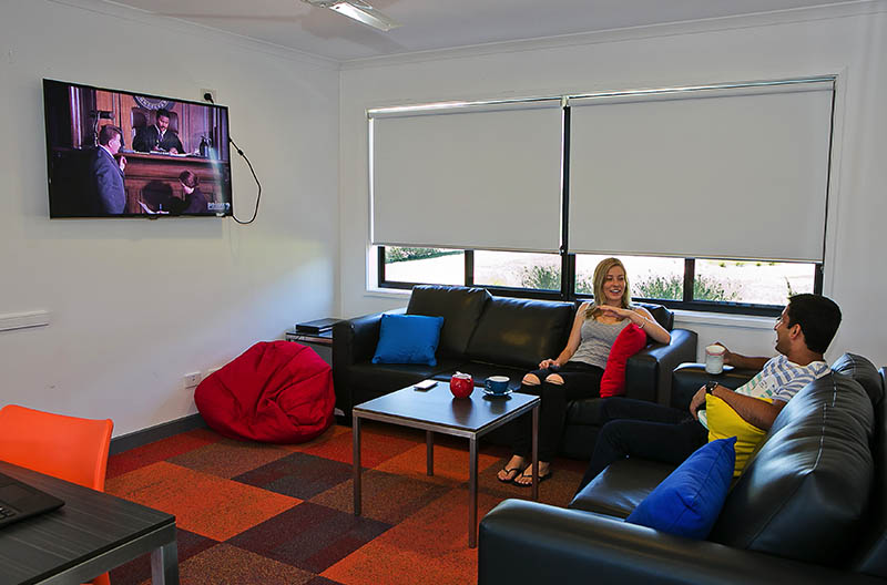 Students chatting in a lounge area