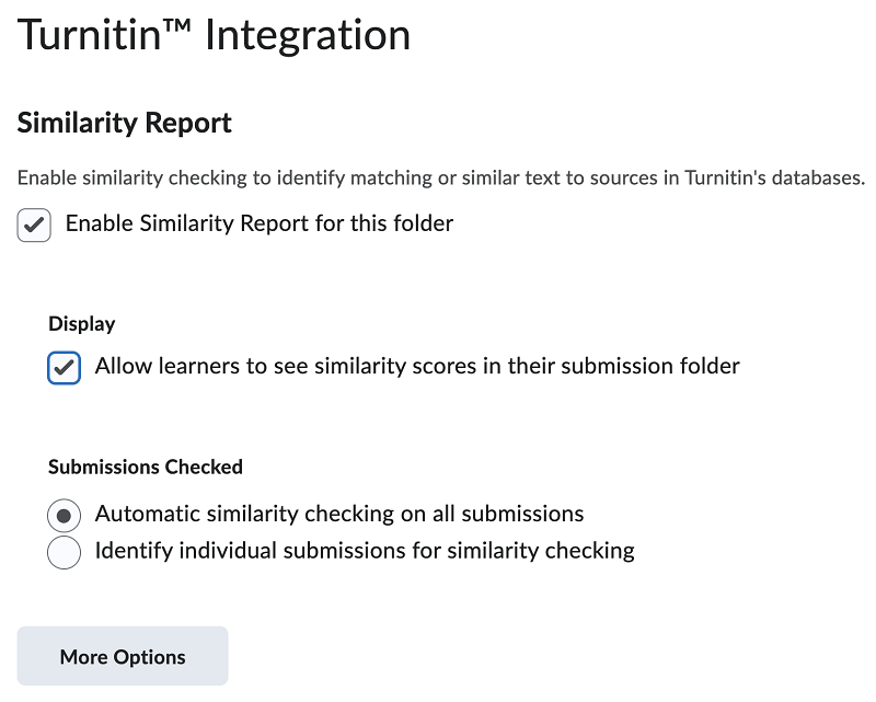 Screen capture image of the Turnitin integration dialogue in Brightspace