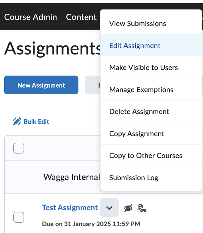 Screen capture image of the Assignments Tool in Brightspace with a drop-down arrow and a menu of options to the right of the assignment name