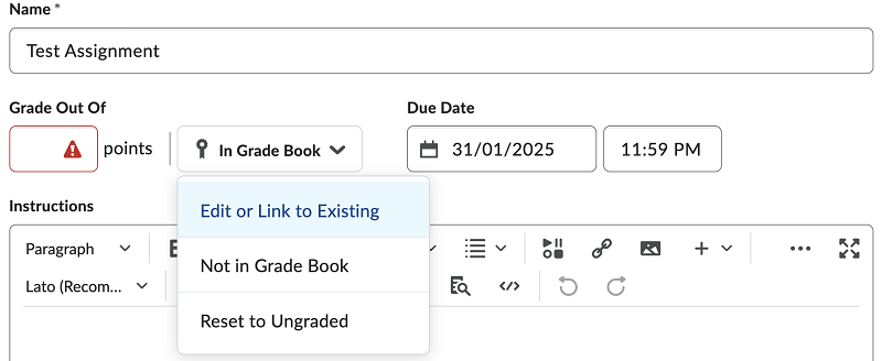 Screen capture image of the Edit Assignment screen in Brightspace, with a button labelled In Grade Book and a drop- down menu with the options Edit or Link to Existing, Not in Grade Book, Reset to Ungraded