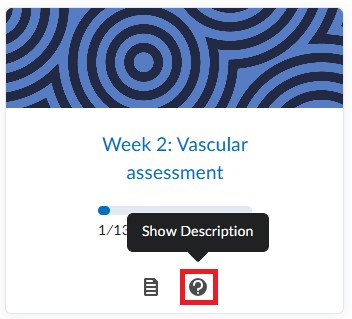 Screenshot of a topic tile in Brightspace from a learner's perspective. The image depicts that the information button that is in the top left-hand corner of the tile.