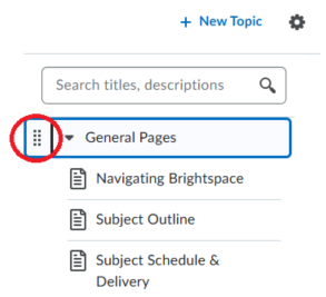 Screenshot of the content page in Brightspace. The options menu has been selected and the drop-down menu contains Edit, View Release Conditions, Reorder and Delete. The Reorder button has been selected, demonstrating that you select it to reorder content.