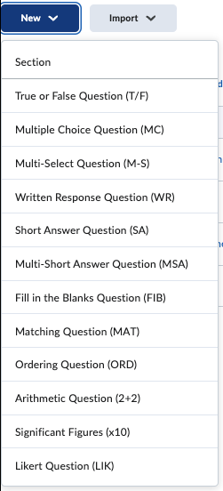 Screenshot showing a list of the various question types