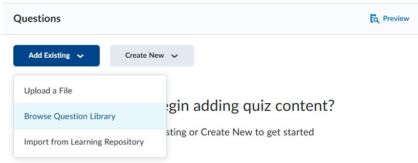 Screenshot showing the Browse Question Library with the question section and questions selected with check boxes checked