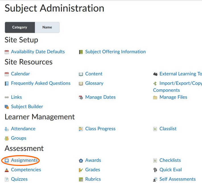 Accessing assignments on the subject admin page by selecting the assignments link