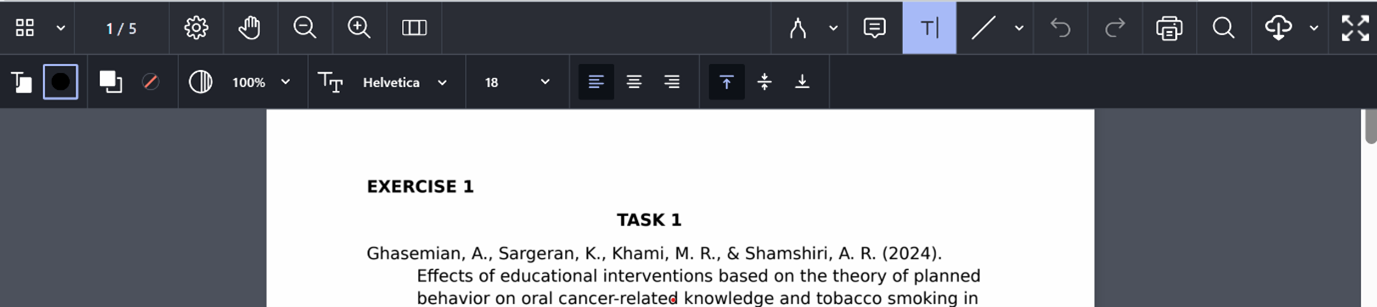 The text box icon has been selected and the text box options are displayed. A text box is shown on the submission