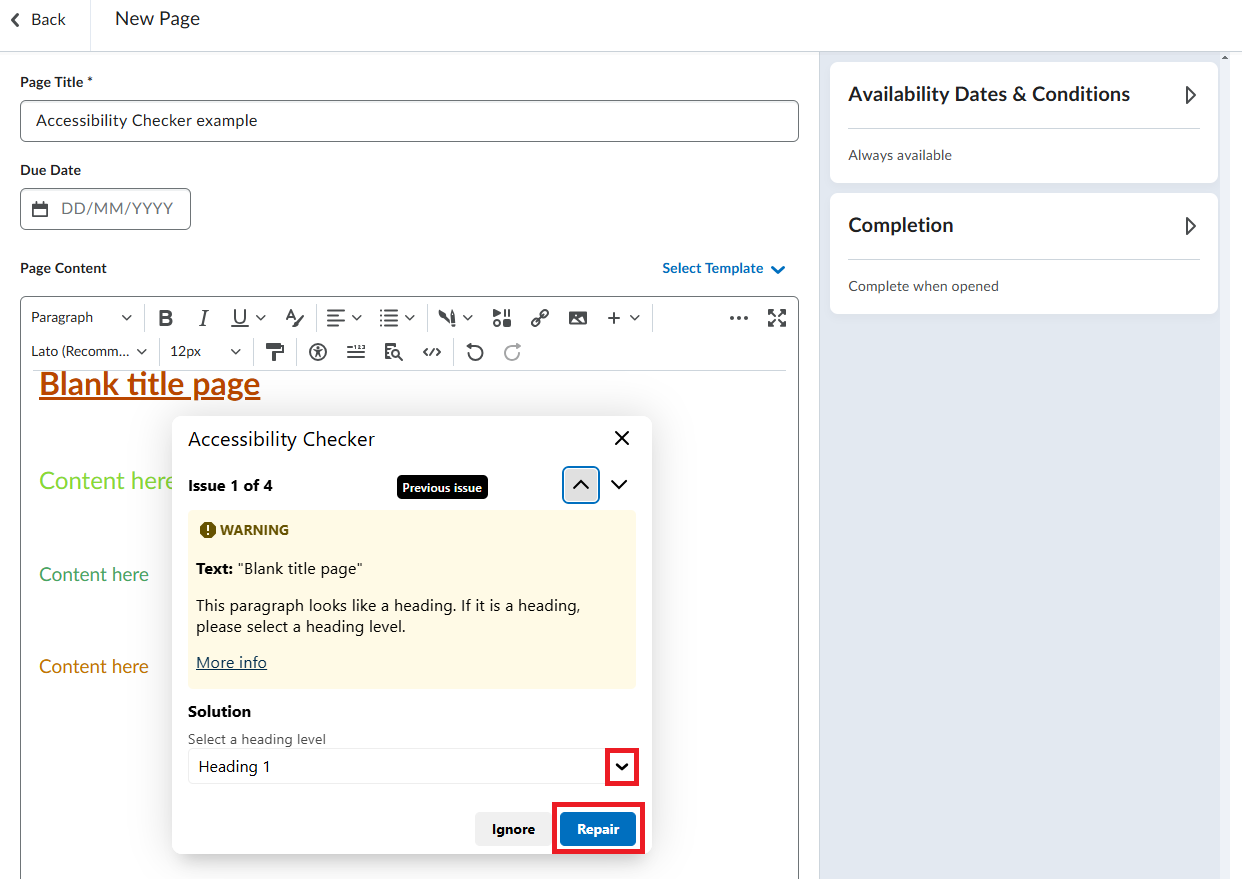 Screenshot of the HTML file page Brightspace. The Accessibility Checker tool has been clicked. A pop-up appears that is yellow which indicates an accessibility warning.