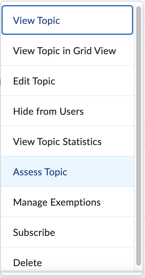 Screenshot of Discussion forum drop-down with Assess Topic highlighted