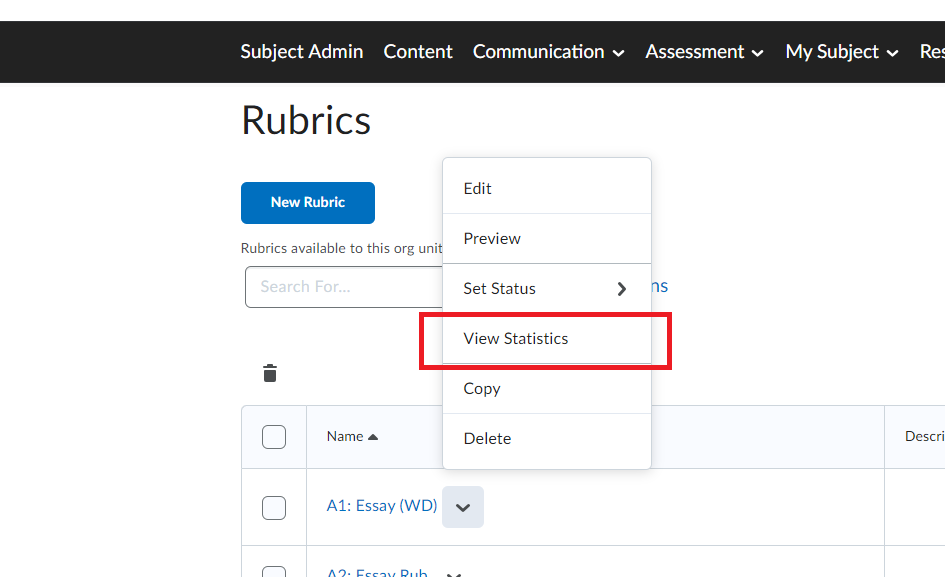 Screenshot of the rubrics tool with the View Statistics button selected to access rubric statistics.