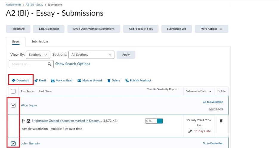 6.Alternatively, in the Submissions tab, you can download one or more submissions using the check box next to names