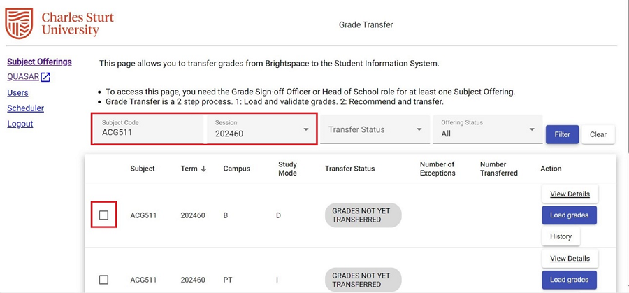 Grade transfer screen