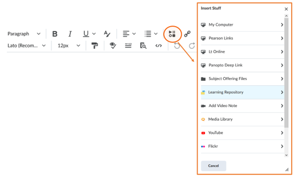 Select Insert Stuff and then Learning Repository