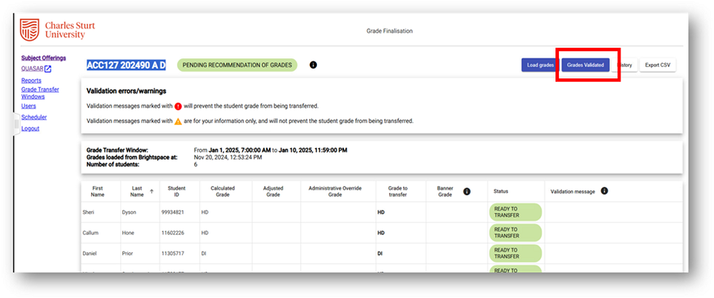 Grades validated button in the Grade Finalisation tool