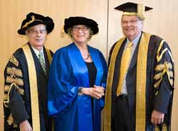 Mrs Janet Holmes a Court received an Honorary Doctorate from CSU. She is pictured with Vice-Chancellor Professor Ian Goulter (left) and Chancellor Lawrie Willett.