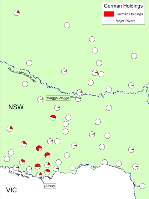 Scatter map showing German holdings in the Wagga Wagga region