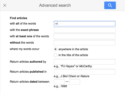 Example of an advanced search with more options to refine your search