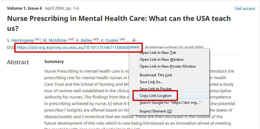 screen sample of the Cambridge Journals website with the 'DOI' link highlighted