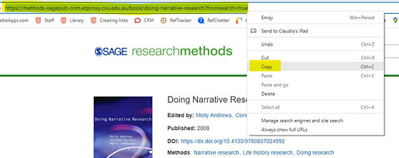 screen sample of the SAGE Research Methods website with the 'DOI'  highlighted