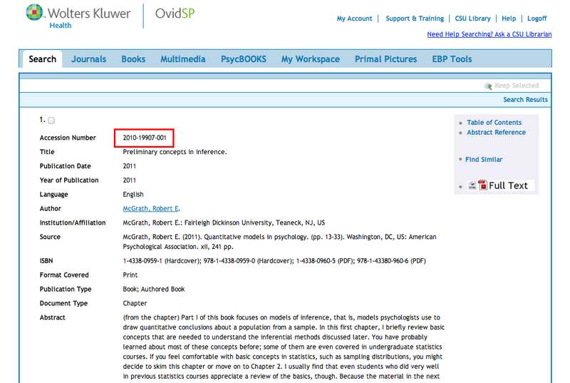 screen sample of the PsycBOOKS website with the 'Accession Number' highlighted