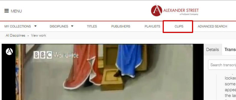 screen sample of the Alexander Street Press website with the 'Clips' menu item highlighted