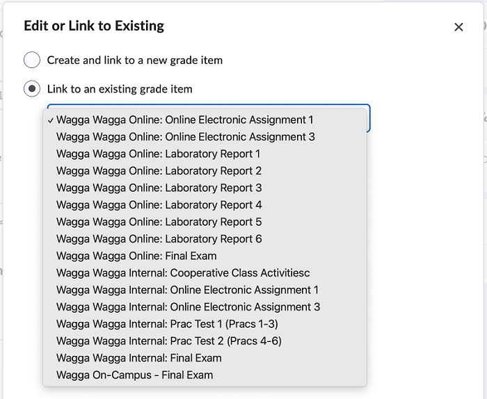 Screen capture image of the Edit or Link to Existing dialogue in the Brightspace Edit Assignment screen, with two radio buttons labelled Create and link to a new grade item and Link to an existing grade item. Link to an existing grade item is selected and a menu of the different grade items in My Grades is available for selection