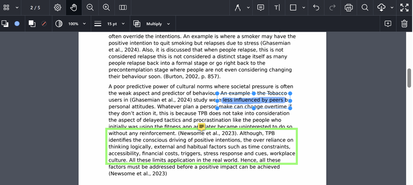 The options menu for graphical annotations