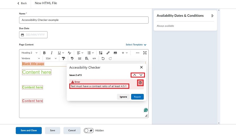 Screenshot of the HTML file page Brightspace. The Accessibility Checker tool has been clicked. A pop-up appears that is red which indicates an accessibility issue.