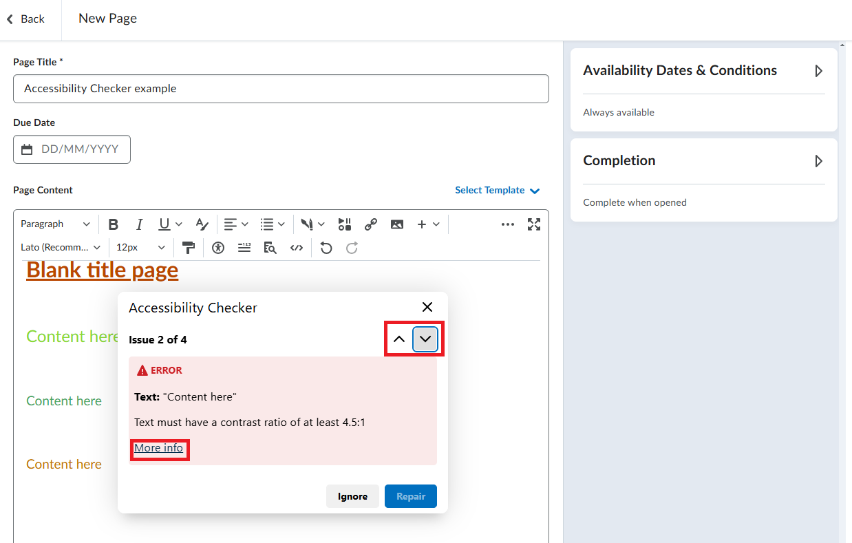 Screenshot of the HTML file page Brightspace. The Accessibility Checker tool has been clicked. A pop-up appears that is red which indicates an accessibility issue.