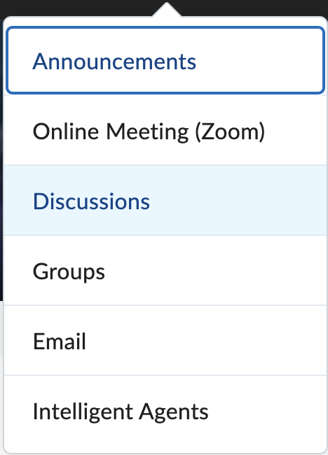 Screenshot showing the Communication menu with Discussions highlighted