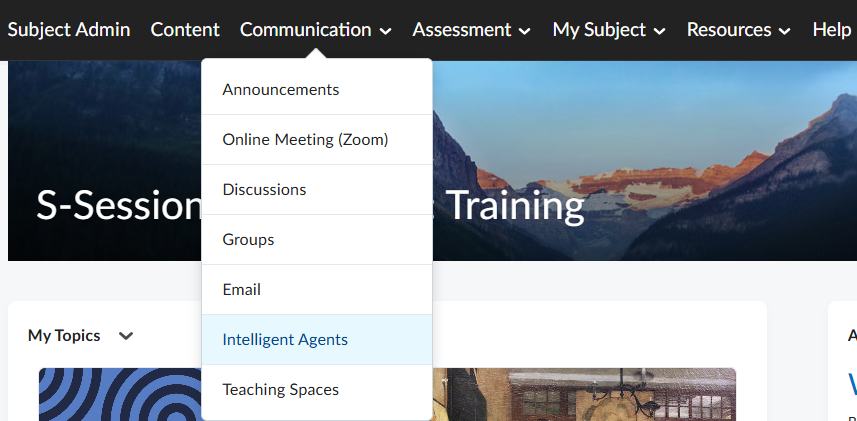 Subject Admin screen is displayed. Intelligent Agents option is highlighted