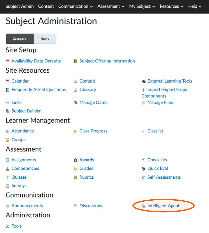 Subject Admin screen is displayed. Intelligent Agents option is highlighted