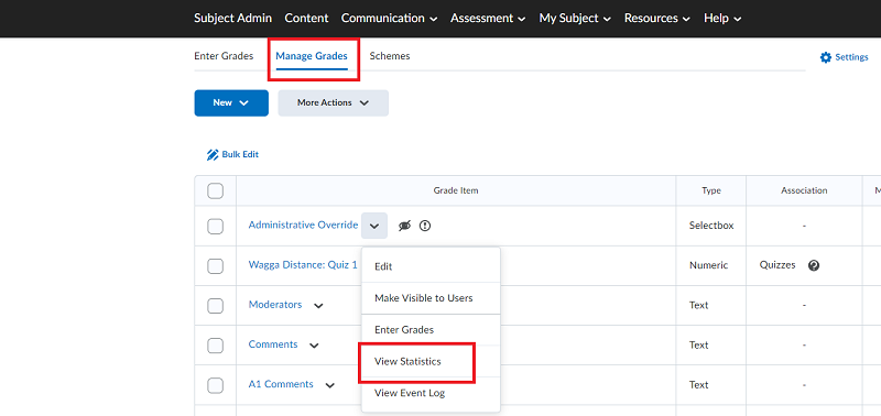 Screenshot of the grades tool with the View Statistics button selected to access grade statistics.