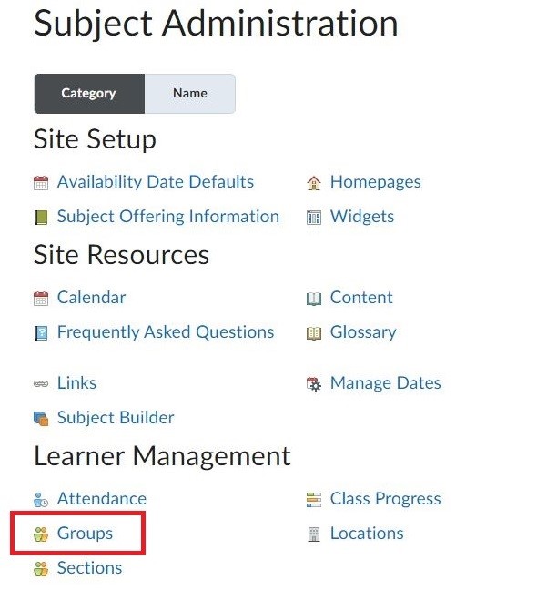 A screenshot of the Subject Administration page in Brightspace. The Groups tool is selected