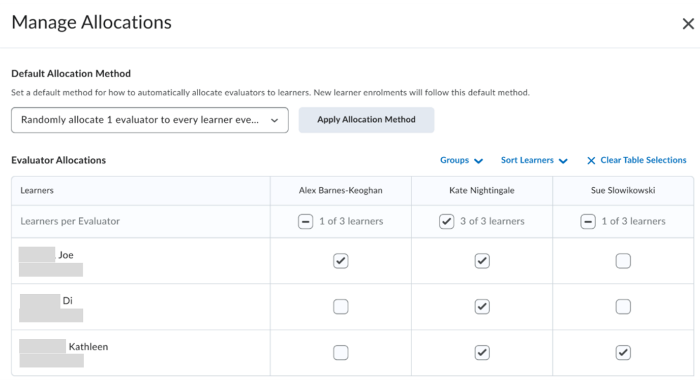 Select the checkbox to select all learner