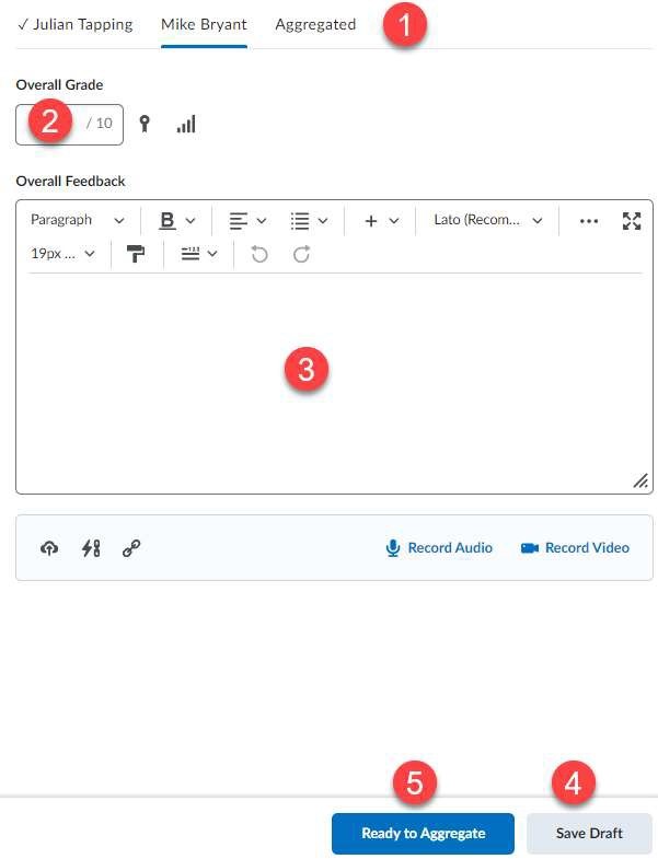 Display of steps how each evaluator to add their own specific mark and feedback