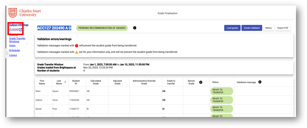 Link to QUASAR in the Grade Finalisation tool