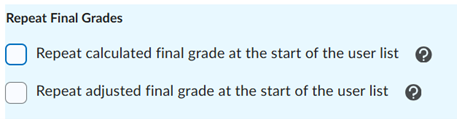 Screen capture of Repeat Final Grades settings. The options of Repeat calculated final grade and repeat adjusted grade at the start of the user list are available options to select