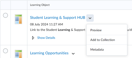Screen capture of Learning Repository search results. The image depicts the options to preview the item, add to the collection or view the Metadata. 