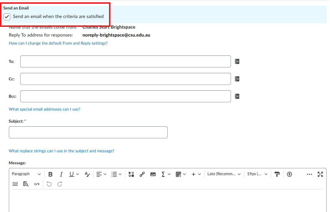 Screen capture of the Agent List screen in the Actions section. The image depicts that the Send an Email field is checked, and displays the email template where you can complete the fields to create an email to be sent by the Intelligent Agents.  