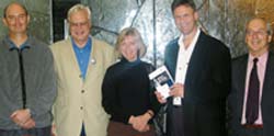 From left, the late David Hunter; Rev. Dr Thorwald Lorenzen, Research Fellow at St Mark's; Rev. Jeanette Mathews; Dr David Neville and Dr Graeme Garrett, St Mark's National Theological Centre. The photograph was taken at the launch of Prophecy and Passion: Essays in honour of Athol Gill to which David Hunter also contributed.
