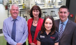 Executive Dean of Science Professor Tim Wess, Executive Director for ARC (Australian Research Council) Biological Sciences and Biotechnology, Dr Fiona Cameron, PhD student Ms Rebecca Barnett and Centre Director Associate Professor Chris Blanchard.
