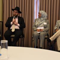 Chair Meredith Lake, Rabbi Shmueli Feldman (speaking) Mahjabeen Ahmad & Professor Kalyani Mehta at the Interfaith Panel  discussion on the conference theme ‘Changing Cultures of Ageing and Spirituality’. Photograph by Sarah Stitt